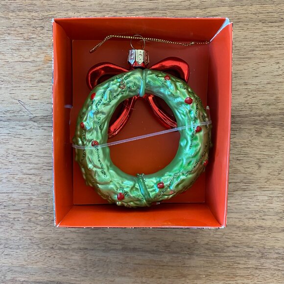 Brand New John Derian for Target Glass Wreath Ornament, Christmas, green red bow - Picture 2 of 7